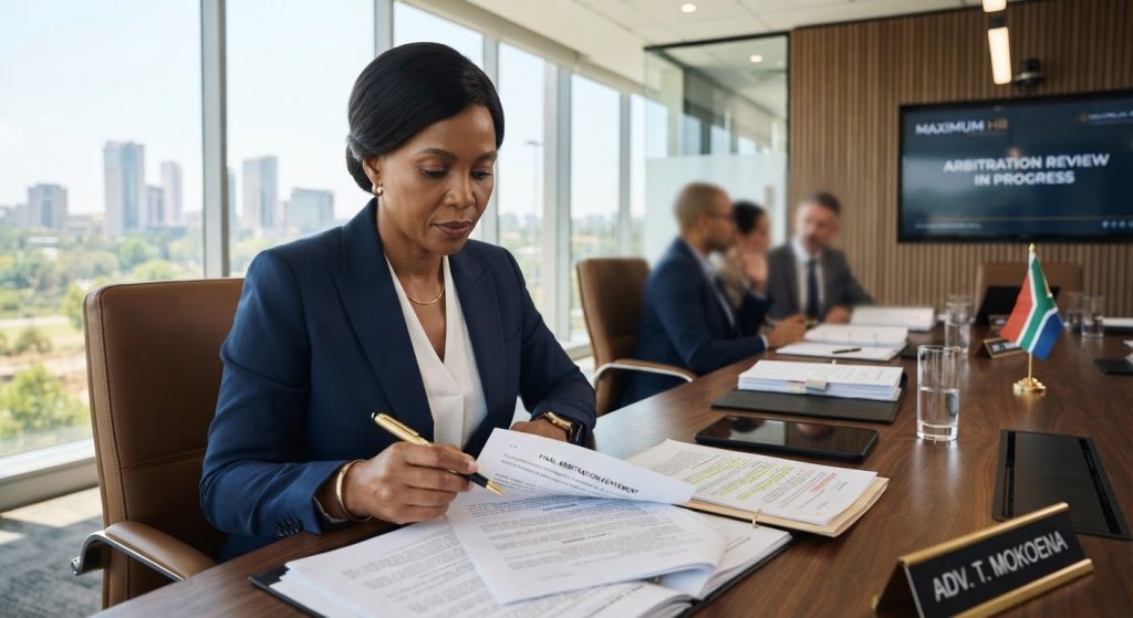A focused corporate labour law legal advocate reviewing formal employment arbitration contracts with a golden pen in a sunlit executive boardroom in Centurion South Africa, professional navy suit, highly polished executive ambiance