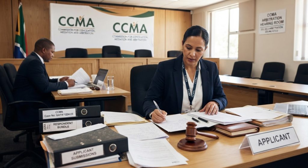 Official CCMA South Africa arbitration hearing setting with legal case files, gavel, and corporate advocate preparing arbitration documentation