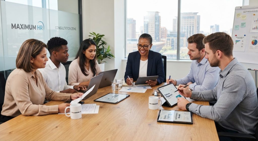South African business team engaged in corporate human resource consulting session around an oak meeting table with clean tablets and documents