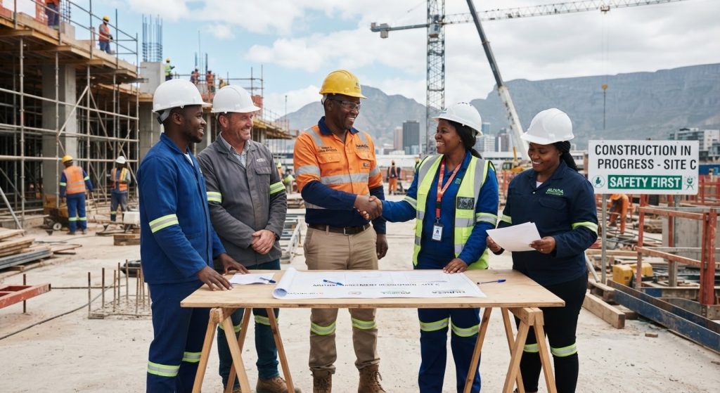 Industrial construction supervisor and trade union representatives resolving a labour dispute on site with mutual agreements and safety helmets in South Africa