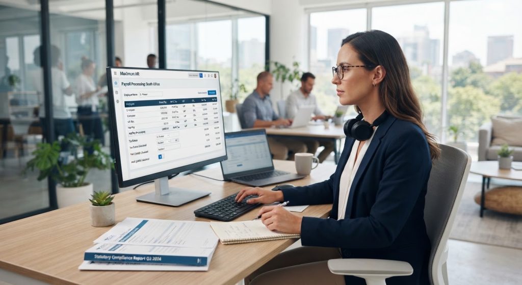 Accountant calculating corporate payroll figures on computer with statutory tax tables and financial compliance reports in modern South African office