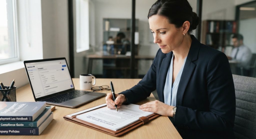 Close up of legal expert carefully drafting disciplinary code and compliance protocol on desk