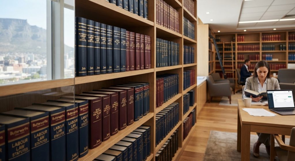 South African legal library with volumes of Butterworths labour law statutes and corporate case reports