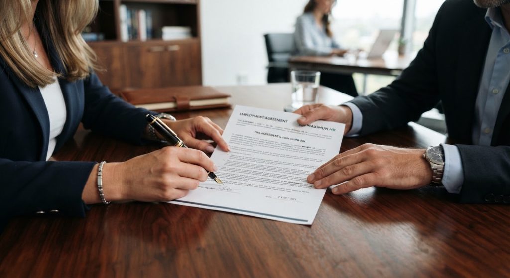 Hands of legal advisors signing a decisive employment contract with fountain pen on polished mahogany table